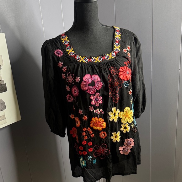 Johnny Was Tops - Johnny Was Black Top with Multicolor Floral Embroidery